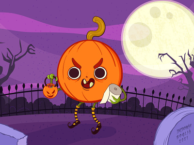 Zucchetta monella cemetery cute evil halloween horror illustration orange pumpkin smile spooky vector