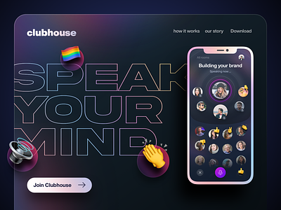 Clubhouse - Landing app artwork club clubhouse emoji emote landing mobile mobile ui uidesign uiux web