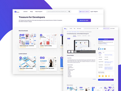 Library Hunt - Build it for Developers card view codes details page developer home app library mobile mokups rate template ui pattern ux design website