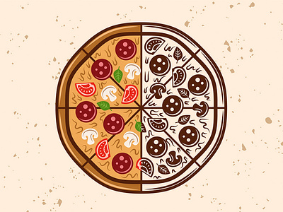 Pizza two halves in two styles vector illustration art cartoon colored cuisine design fast food flat food graphic design illustration italian pepperoni pizza pizzeria round pizza texture vector vintage