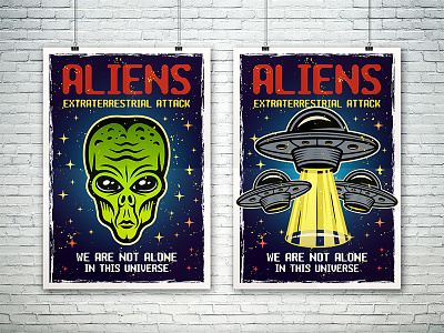 Aliens two posters templates for microstocks alien art cartoon cosmos design extraterrestrial flyers futuristic graphicdesign humanoid illustration invader paranormal placard poster posterdesign sci-fi science fiction space ufo