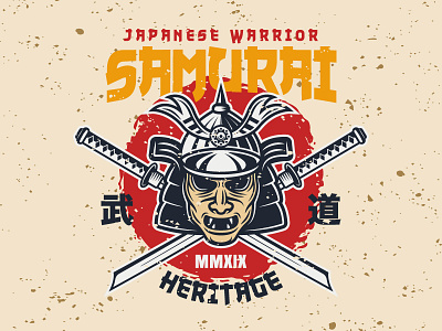 Samurai warrior emblem apparel art design emblem grunge head heritage illustration japan japanese katana martial arts mascot mask print samurai t shirt vector vintage warrior