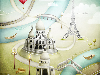 Journey of love bridges eiffel tower illustration map paris river romance scre coeur travel venice