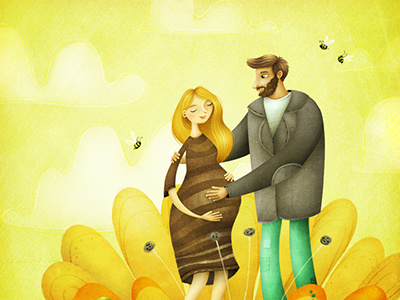 Hypnobirthing baby bees birds and bees digital art editorial flower illustration magazine pregnant spring summer yellow