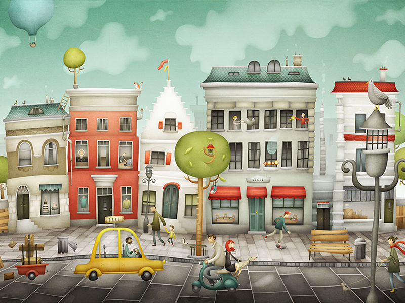 Street vespa birds hot airballoon town city traffic car taxi detail houses street illustration