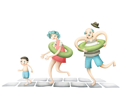 Vacation with grandparents beach editorial grandma grandpa grandparents illustration kids lea vervoort magazine summer swimming vacation