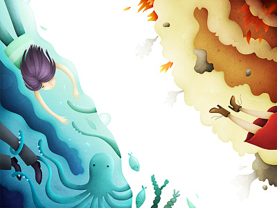 Diep editorial fire illustration jules verne kids magazine octopus sea water