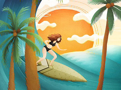 Surf clouds exercise fit graphicdesign illustration palmtree palmtrees sunset surf surfergirl surfing waves