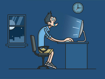 Work Hard chair illustration man night sleeping working process