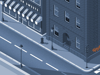 Street illustration isometric road store traffic light windows