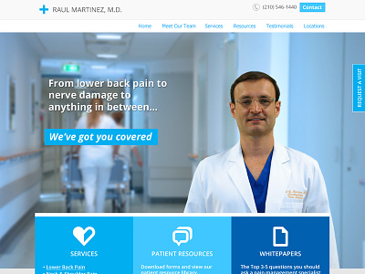 Pain Specialist Homepage blue callouts doctor flat home icons medical pain responsive site specialist web