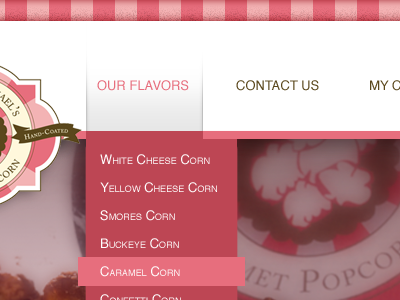 Drop down menu cheese circle clean commerce corn detail down drop dropdown e commerce gourmet hover menu popcorn site subtle web website white