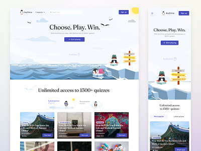 New trivia site featuring the cutest lil penguin custom website modern design penguin playful playful design simple design trivia site ui uiux design user experience website
