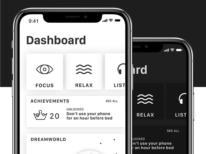 Dreamworld lightmode darkmode dark theme black white meditation relaxation games app sleep dream
