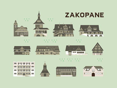 Zakopane architecture buildings flat design map design