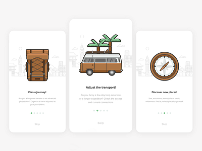 Onboarding app backpack camper compass icons onboarding travel