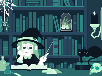 The Studious Witch books cat desk plants skull witch