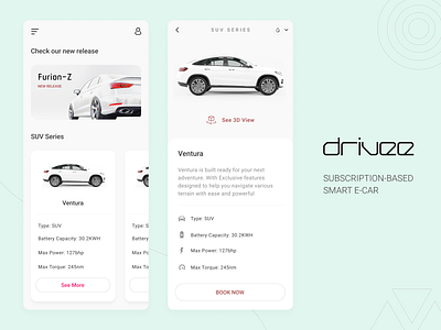 Drivee || Subscription Based Smart E-Car (Mobile UI Concept) android app application branding design ios mobile mobile app product showcase ui ui design ux ux design