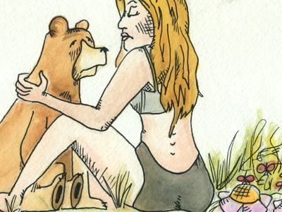 Girl in Panties, Bear in Flowers bear girl naked painting watercolor weird