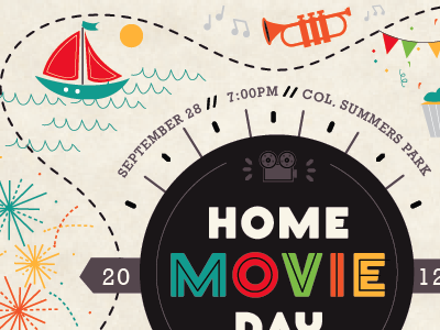 Home Movie Day Poster camera fireworks movie sailboat trumpet