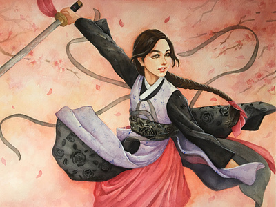 Sword Dance gouache illustration painting traditional watercolor