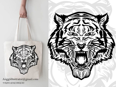 Tiger Head Illustration For Totebag Design angry animal cartoon character design digital art hand drawn head illustration tiger vector wildlife