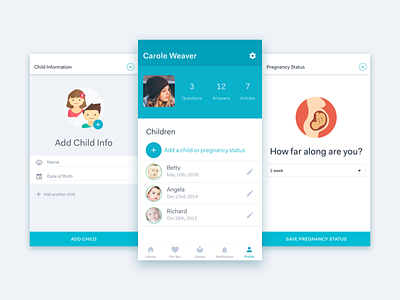 Pregnancy & Childcare Mobile App add child dropdown edit form input mobile mother pregnant profile