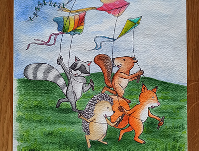 Flying the kites animals children illustration fly kites forest animals friends illustration kites watercolour painting watercolours