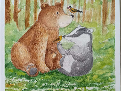 Bear and badger badger bear children illustration forest animals friends illustration watercolour painting watercolours