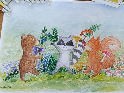 Colours of nature bear children illustratiom colours forest animals friends illustration nature racoon squirrel watercolour painting watercolours