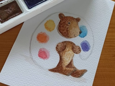 Bear playing with the palette animals bear card children illustration forest animals illustration palette watercolour painting watercolours