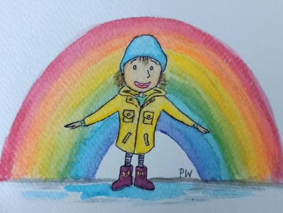 Puddles and colours of rainbow card children illustration girl illustration puddles rain rainbow watercolour painting watercolours