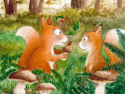 Among the trees animals children illustration forest forest animals illustration squirrel watercolour painting watercolours