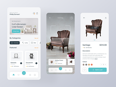 Furniture e-commerce App 🛋️ app armchair chair clean decorate design ecommerce figma furniture furniture app home lamp mobile shop store table ui uidesign ux