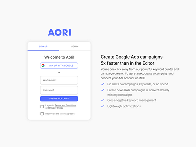 Aori.com sign up branding design ui