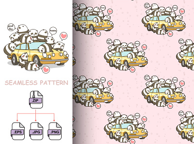 Seamless cute pandas with a car pattern cartoon character illustration panda seamless pattern vector