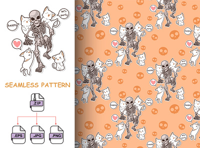 Seamless kawaii cats and skeleton in Halloween party pattern cartoon cat character illustration seamless pattern vector