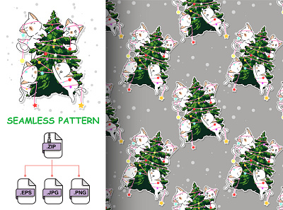 Seamless adorable cat characters with a Christmas tree pattern cartoon cat character design illustration seamless pattern sublimation vector