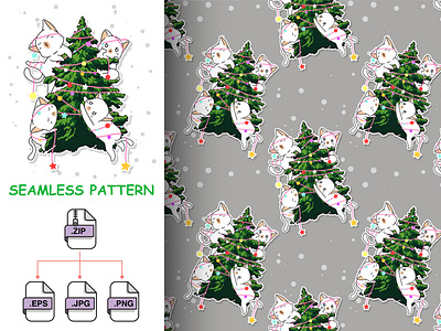 Seamless adorable cat characters with a Christmas tree pattern