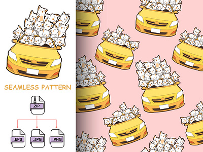 seamless drawn kawaii cats in yellow car pattern