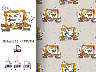 Seamless kawaii pandas and cats with a luxury frame pattern