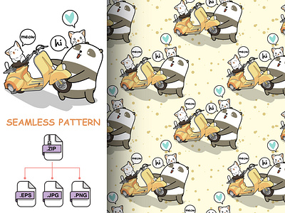 Seamless panda is lifting a motorcycle pattern