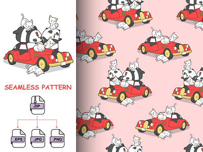 Seamless animal family and red vintage car pattern