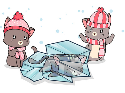 Kawaii cat inside an ice with friends in winter day