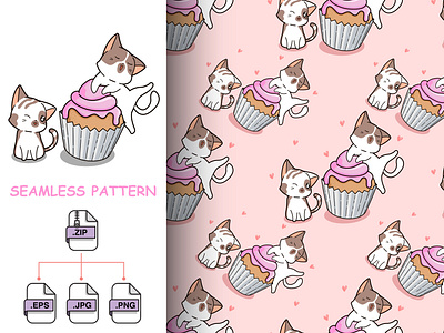 Seamless cats and cup cake pattern