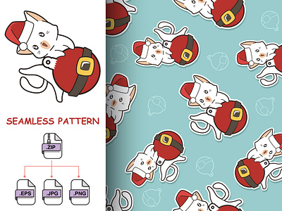 Seamless cat and Christmas ball pattern