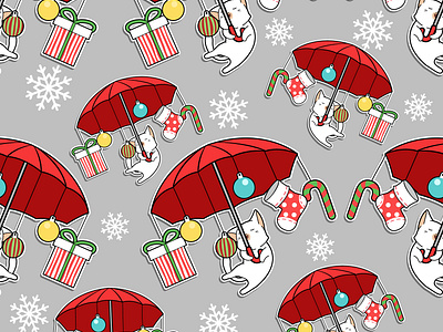 Seamless cat with red umbrella in Christmas pattern