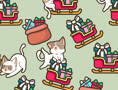 Seamless cat with sleigh in Christmas day pattern cartoon cat cat and sleigh character christmas celebrations christmas fabric christmas pattern christmas wall art funny cat cartoon illustration seamless pattern vector