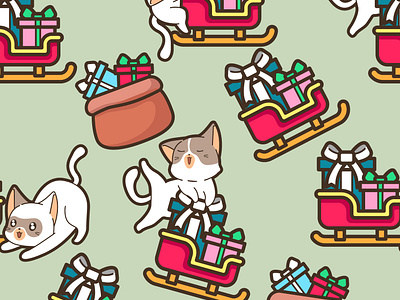 Seamless cat with sleigh in Christmas day pattern