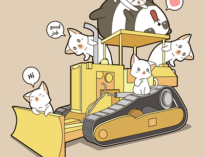 Cute cats and panda on tractor cartoon cat character illustration panda vector